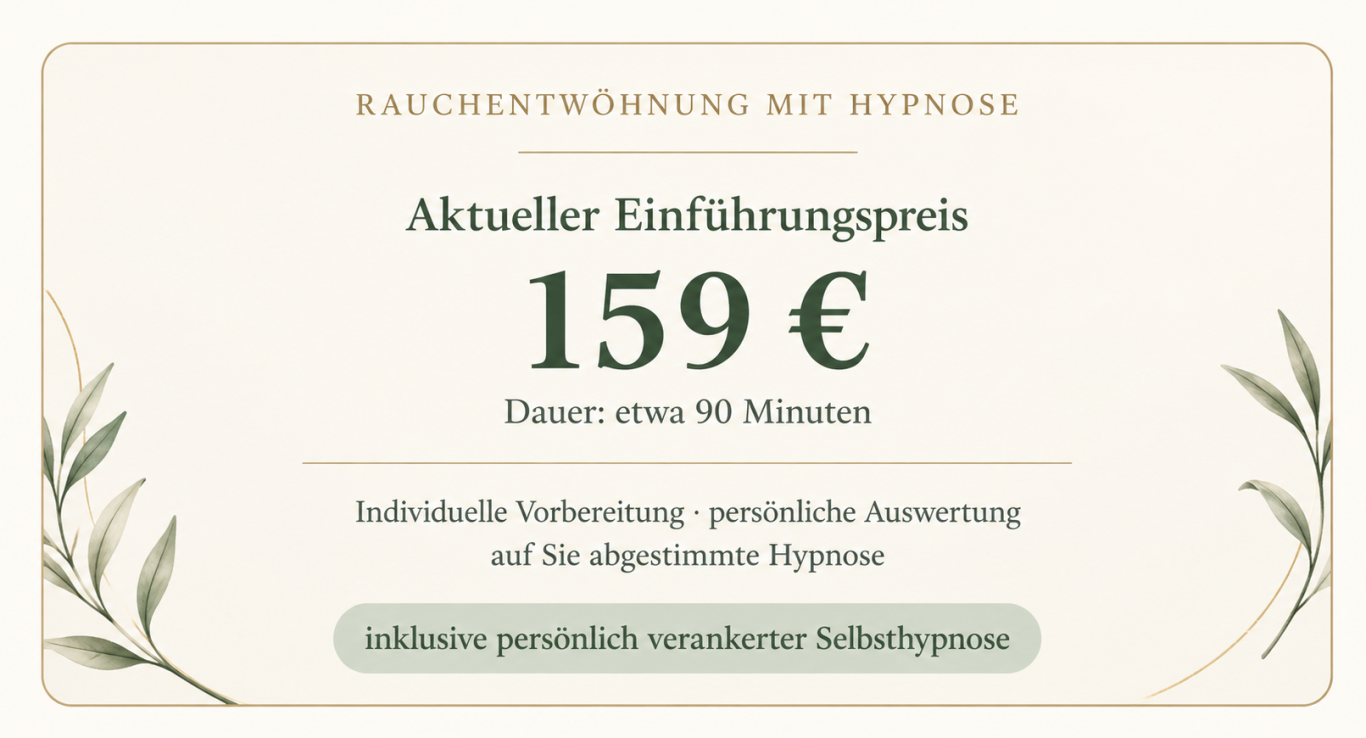 Rauchentwöhnung mit Hypnose: Einführungspreis 159 Euro, Dauer etwa 90 Minuten, inklusive verankerter Selbsthypnose